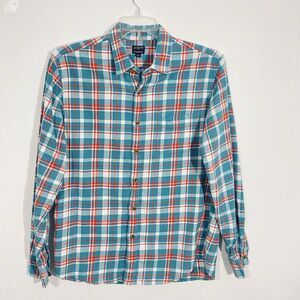 J Crew Mens Flannel Shirt L Turquoise Red Plaid Classic Re-Imagined Utility